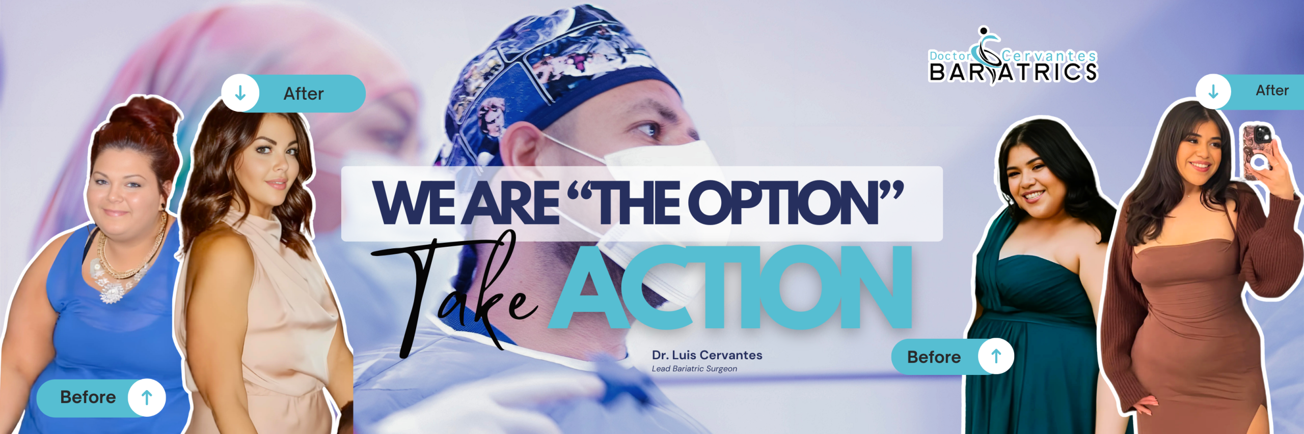Before and after photos of two Cervantes Bariatrics patients, with Dr. Luis Cervantes operating in the center